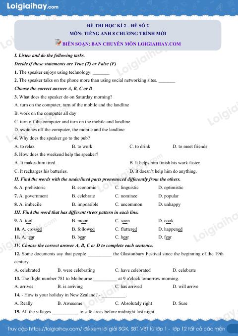 Đề số 2 - Đề kiểm tra học kỳ 2 - Tiếng Anh 8 mới